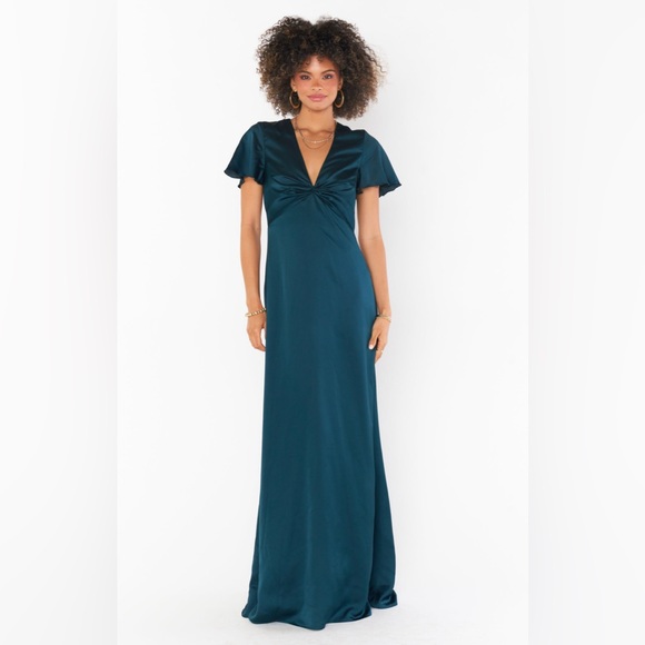 show me your mumu Rome Twist Gown Deep Emerald Luxe Satin - Picture 1 of 7